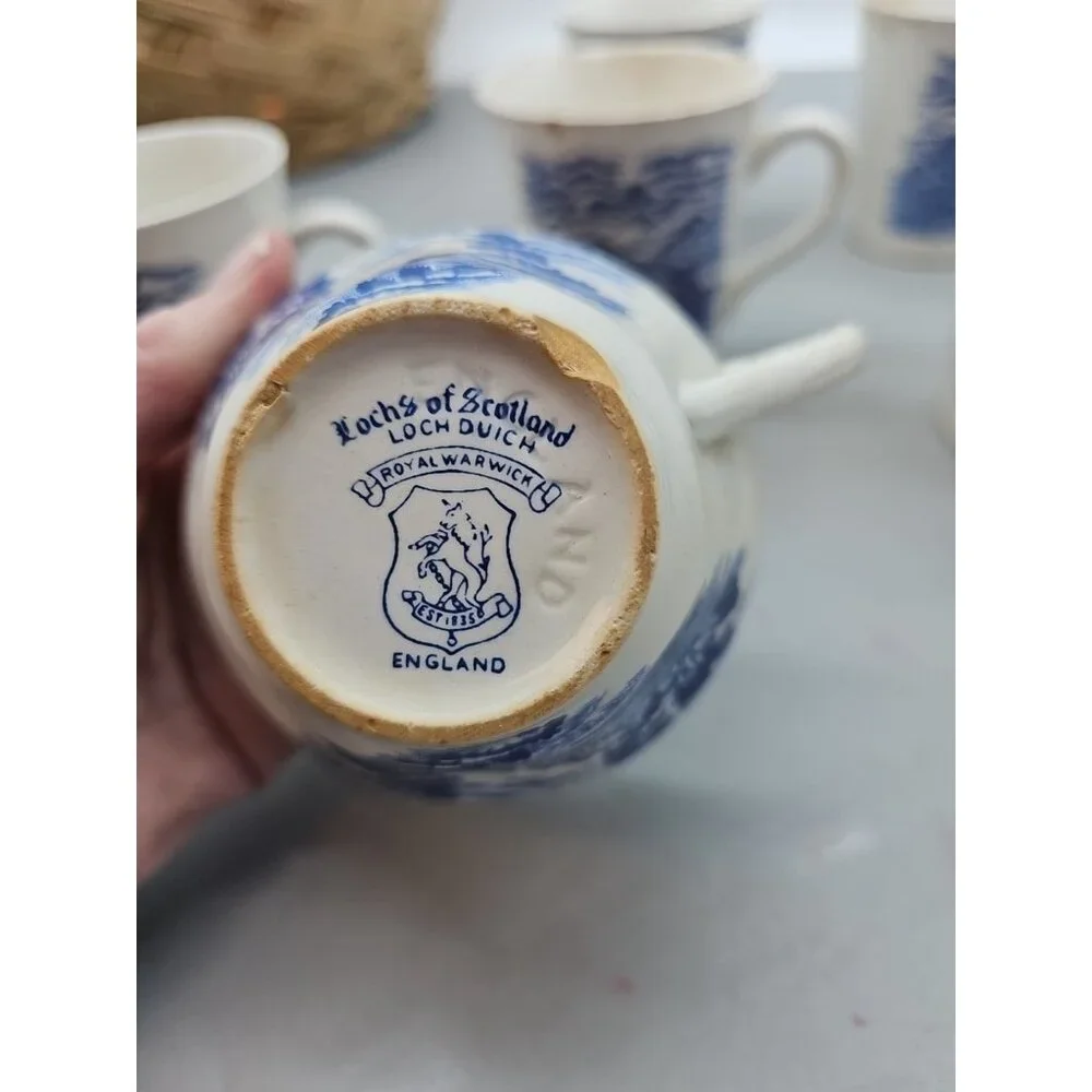 7 Vintage Royal Warwick China Coffee Mugs Lochs of Scotland 2 No Chips Rest Chip